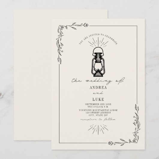 Lantaarn Rustic Botanical Black Wedding Kaart (Voorkant / Achterkant)