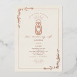 Lantaarn Rustic Botanical Wedding Folie Uitnodiging<br><div class="desc">Illustratie van een  lantaarn met een florale botanische rand. De illustraties en het manuscript zijn folie. De tekst is terracotta. De achtergrond is wit.</div>