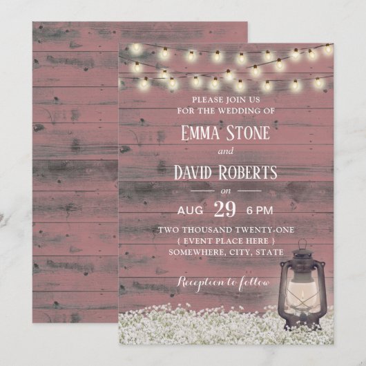  Lantaarn Rustic Pink Barn Wood Wedding Kaart (Voorkant / Achterkant)