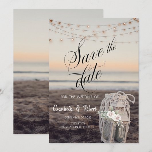 Lantaarn, Strijklichten, Bloemen, Strand sparen de Save The Date (Voorkant / Achterkant)
