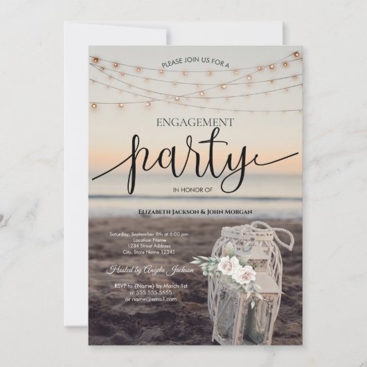 Lantaarn, Strijklichten, Bloemen, Strand Verloving Kaart (Voorkant)