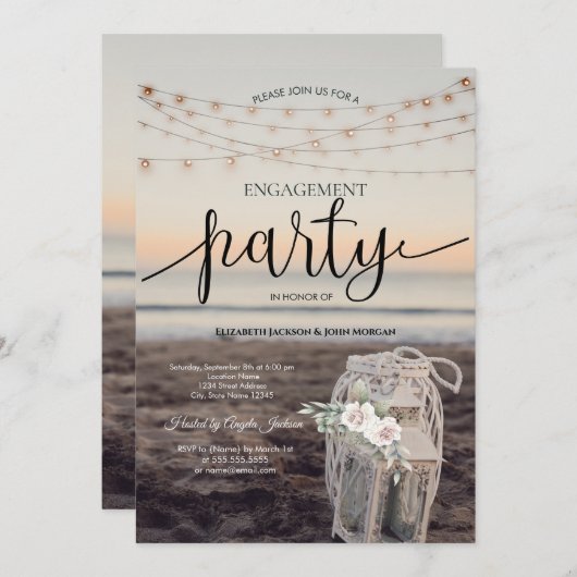 Lantaarn, Strijklichten, Bloemen, Strand Verloving Kaart (Voorkant / Achterkant)