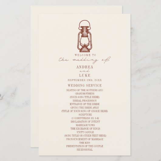  Lantaarn Terracotta Rustic Wedding Programme (Voorkant / Achterkant)