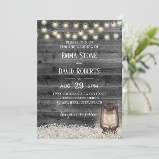  Lantaarns Baby's Breath Barn Wood Wedding Kaart (Staand voorkant)