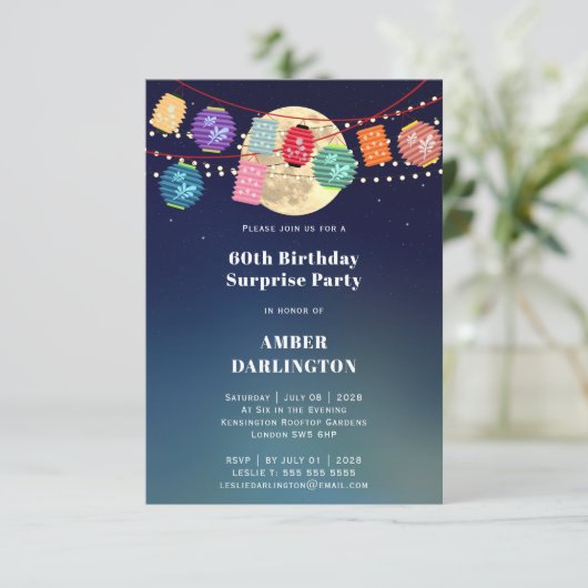 Lantaarns en maanverlichte verjaardagsfeestje kaart (Staand voorkant)