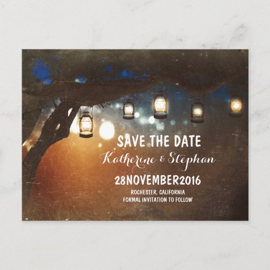 Lantaarns Lights Tree Rustic Save the Date briefka Aankondigingskaart (Voorkant)
