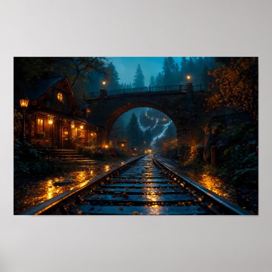 Lantaarnverlichte sporen door schemerposter poster (Voorkant)