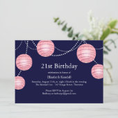 Lantern 21e verjaardag van roze & marinepartij kaart (Staand voorkant)