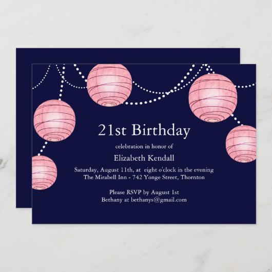Lantern 21e verjaardag van roze & marinepartij kaart (Voorkant / Achterkant)