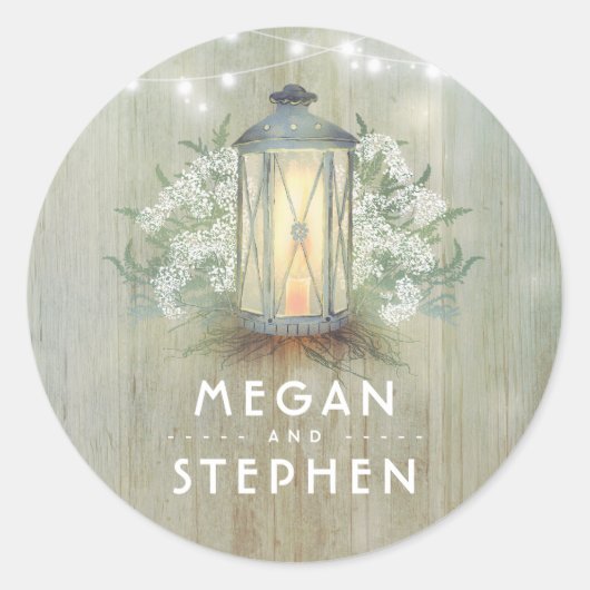 Lantern and Baby's Breath Rustic Wood Wedding Ronde Sticker (Voorkant)