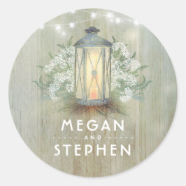 Lantern and Baby's Breath Rustic Wood Wedding Ronde Sticker