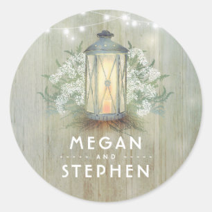 Lantern and Baby's Breath Rustic Wood Wedding Ronde Sticker