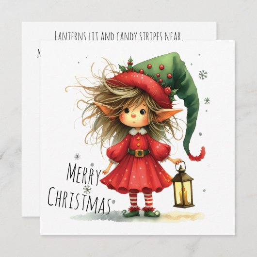 Lantern Elf – Whimsical Christmas Holiday Card (Voorkant / Achterkant)