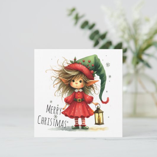 Lantern Elf – Whimsical Christmas Holiday Card (Staand voorkant)