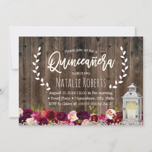Lantern Rustic Burgundy Floral Quinceanera 15 Kaart (Voorkant)