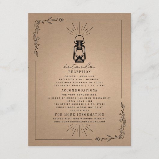 Lantern Rustic Wedding Details Cardstock Informatiekaartje (Voorkant)