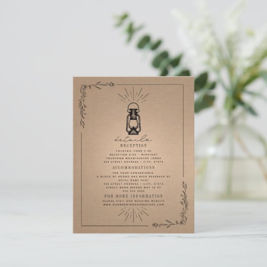  Lantern Rustic Wedding Details Cardstock Informatiekaartje (Staand voorkant)