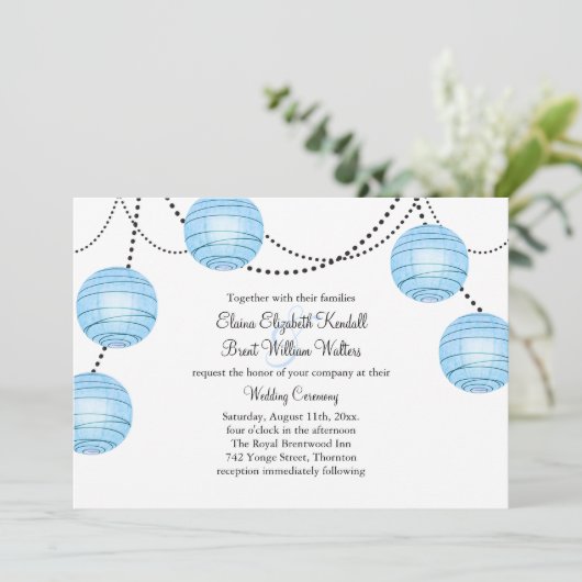 Lantern Wedding Invitation in Blue Kaart (Staand voorkant)