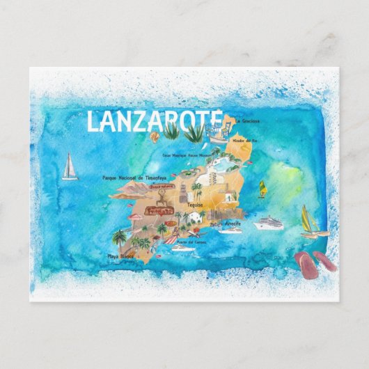 Lanzarote Canarias Spanje Illustrated Map Feestdagenkaart (Voorkant)