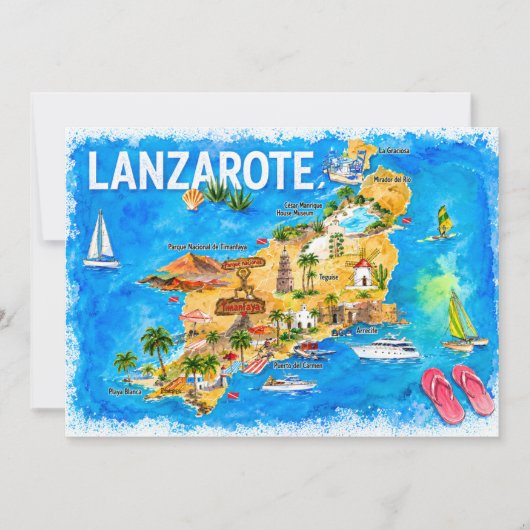 Lanzarote Canarische Eilanden Spanje Geïllustreerd Kaart (Voorkant)