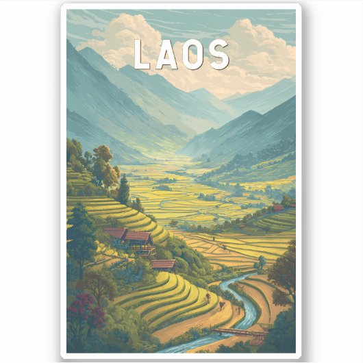 Laos Illustratie Reis Kunst Vintage Sticker (Voorkant)