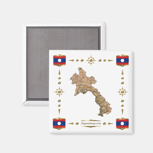Laos Map + Flags Magnet (Voorkant / Achterkant)