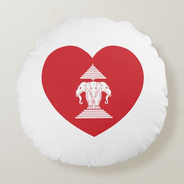 Laotian Erawan 3 Headed Elephant Heart Flag Rond Kussen (Voorkant)