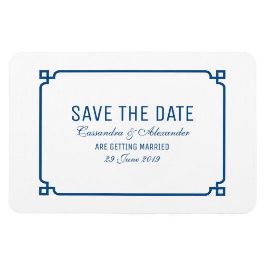 Lapis Blue Deco Chic Save the Date Magneet (Horizontaal)