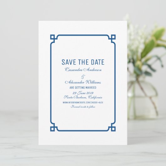Lapis Blue Deco Chic Save the Date Uitnodiging (Staand voorkant)