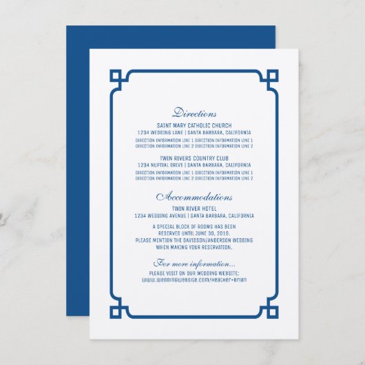 Lapis Blue Deco Chic Wedding Info Kaart (Voorkant / Achterkant)
