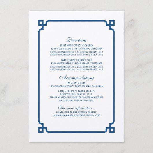 Lapis Blue Deco Chic Wedding Info Kaart (Voorkant)