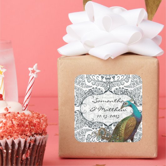 Lapis Blue Peacock Love Bird Wedding Seal Vierkante Sticker (Feest)