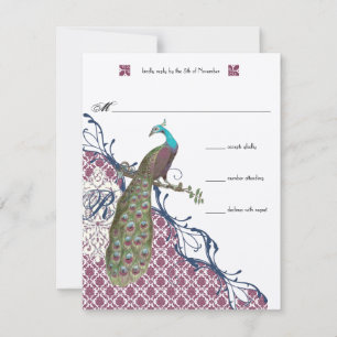 Lapis Blue Raspberry Damask Pauw Wedding RSVP Kaartje