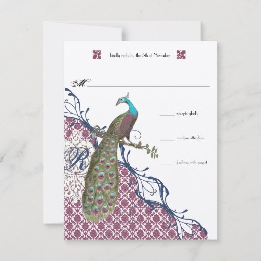 Lapis Blue Raspberry Damask Pauw Wedding RSVP Kaartje (Voorkant)