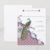 Lapis Blue Raspberry Damask Pauw Wedding RSVP Kaartje (Voorkant / Achterkant)
