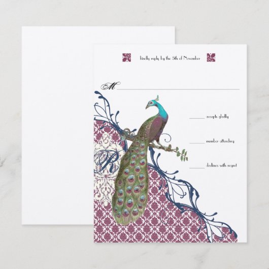 Lapis Blue Raspberry Damask Pauw Wedding RSVP Kaartje (Voorkant / Achterkant)