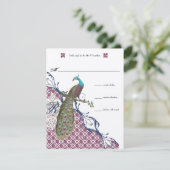 Lapis Blue Raspberry Damask Pauw Wedding RSVP Kaartje (Staand voorkant)