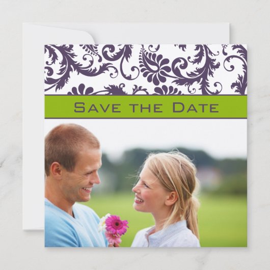 Lapis Paars en Apple Green Damask Save the Date (Voorkant)