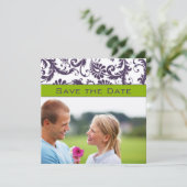 Lapis Paars en Apple Green Damask Save the Date (Staand voorkant)