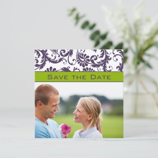 Lapis Paars en Apple Green Damask Save the Date (Staand voorkant)