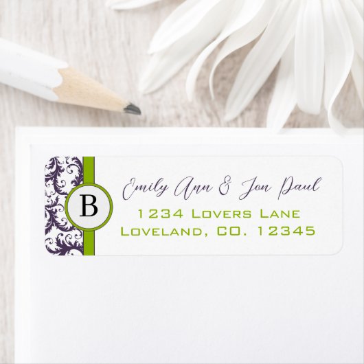 Lapis Paars en Apple Green Damask Wedding Labels (Insitu)