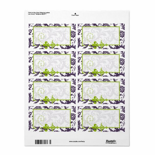Lapis Paarse & Apple Groene Damast Vogelbruiloft Etiket (Full Sheet)