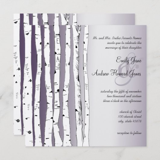 Lapis Paarse Birch Tree Wedding Invitations Kaart (Voorkant / Achterkant)