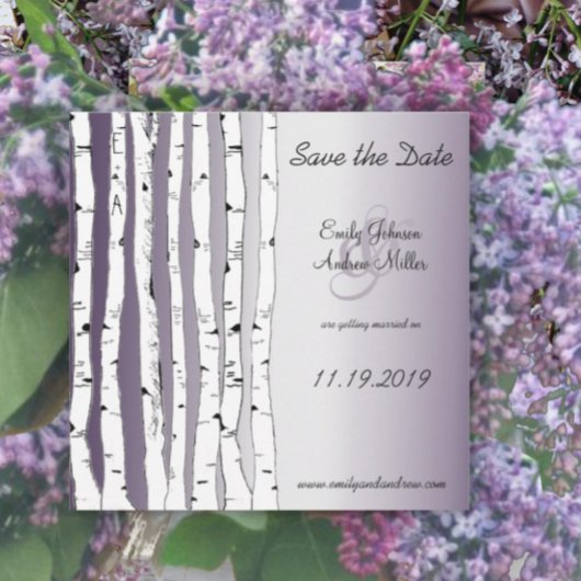 Lapis Paarse Birch Tree Wedding Save the Date Kaart