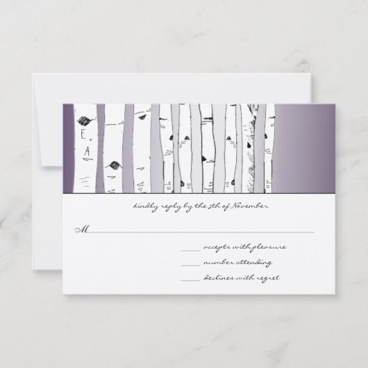 Lapis Paarse Cloud Birch Tree Wedding RSVP (Voorkant)