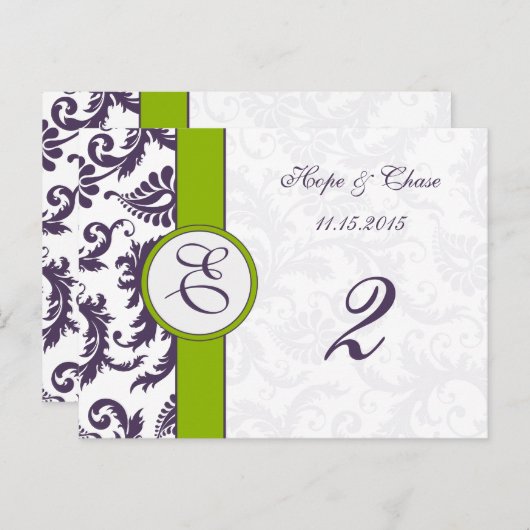 Lapis Paarse Damask Apple Green Table Number Kaart (Voorkant / Achterkant)