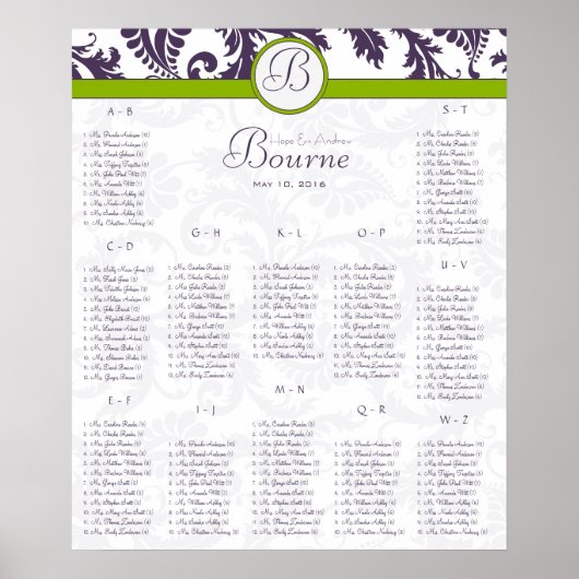Lapis Paarse Damask Green Seating Chart 12 Tables Poster (Voorkant)
