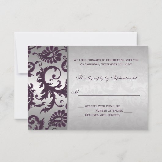 Lapis Paarse en Silver Damask RSVP-kaart RSVP Kaartje (Achterkant)