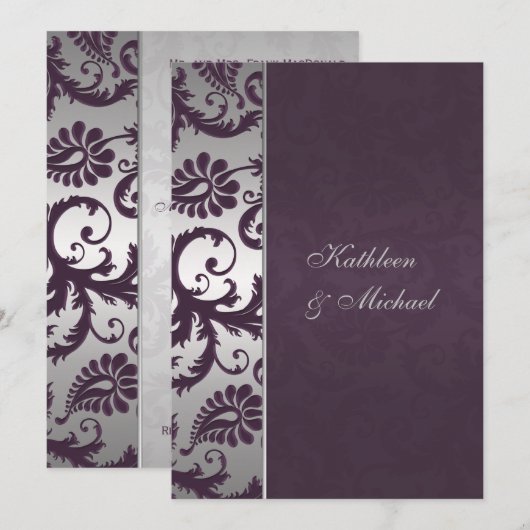Lapis Paarse en Zilveren Damast bruiloft uitnodigi Kaart (Voorkant / Achterkant)