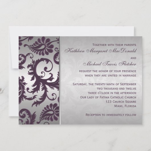 Lapis Paarse en Zilveren Damast bruiloft uitnodigi Kaart (Achterkant)